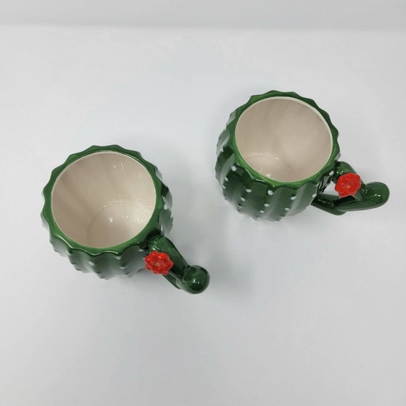 Cactus Ceramic Mugs Green White Red Flower Set of 2 - Picture 6 of 12